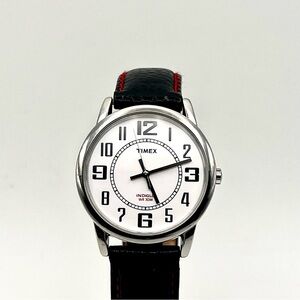 Timex Indiglo Unisex Black Leather Strap Watch with White Dial
